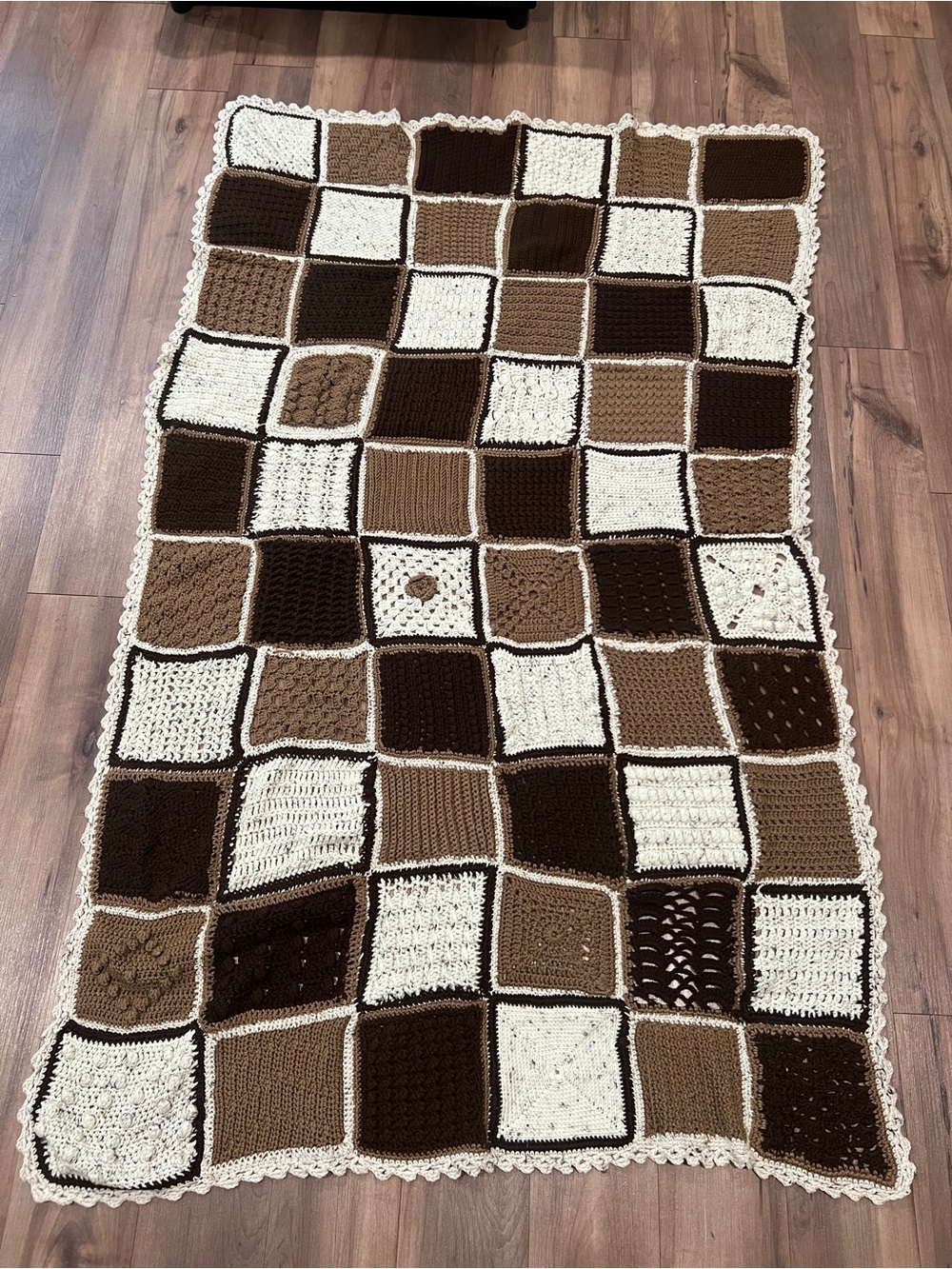 Handmade Crochet Afghan Blanket - Brown and White Squares